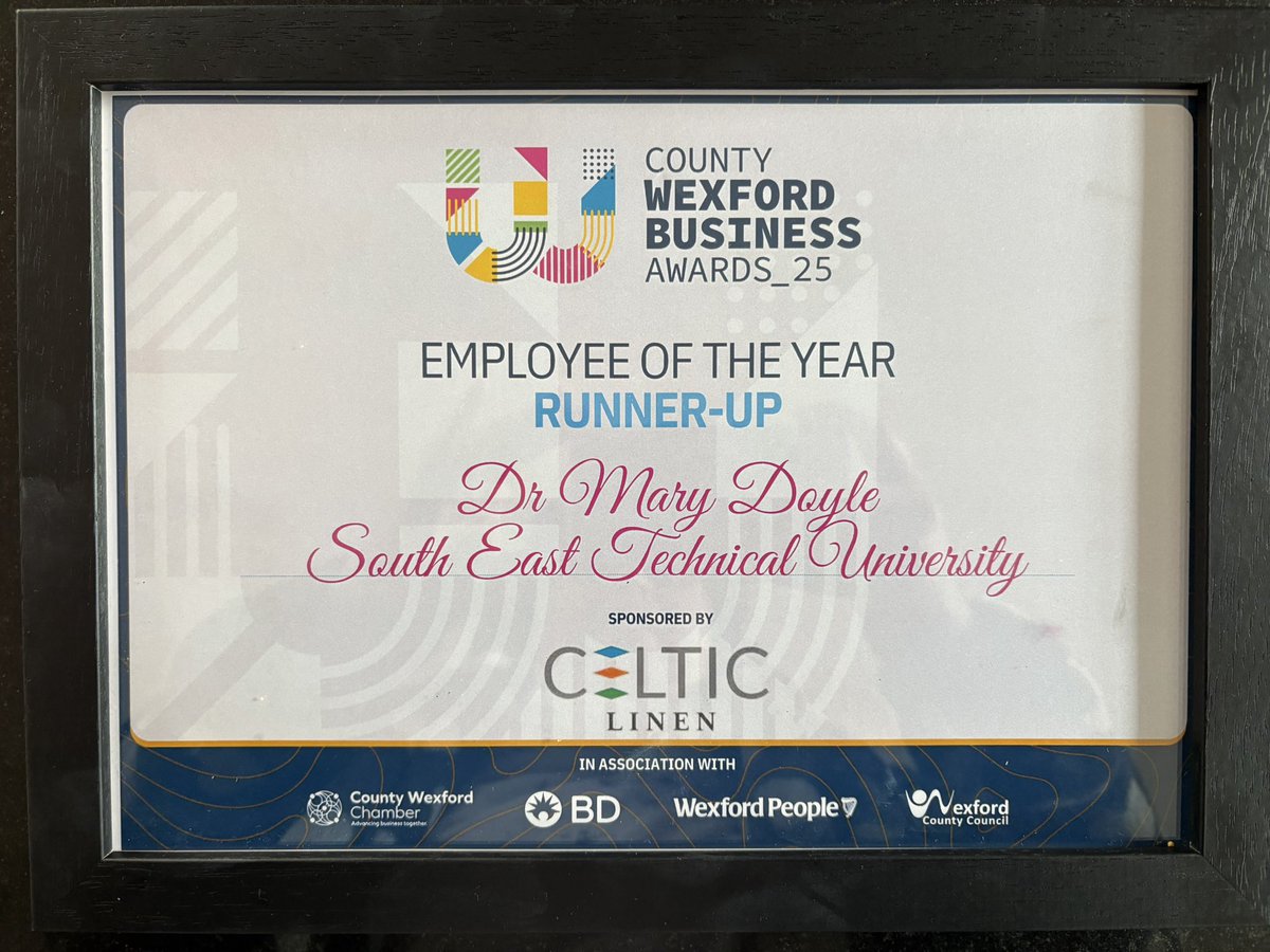 Sincere thanks to <a href="/Network_Ireland/">Network Ireland</a> Waterford &amp; <a href="/CoWexChamber/">County Wexford Chamber</a> for choosing me for 2 Regional Awards yesterday

Science Technology Engineering and Maths Branch Winner 🥇 

Employee of the Year (Wexford) Runner up

An amazing day &amp; evening spent with inspiring peers - <a href="/SETUIreland/">South East Technological University</a>