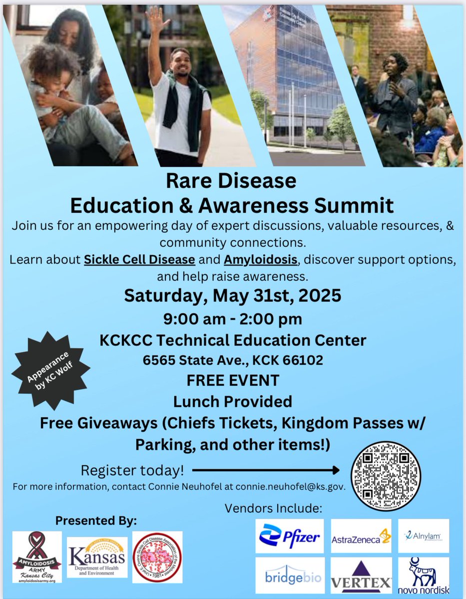 The Amyloidosis Army has joined forces with the Uriel E. Owens Sickle Cell Disease Association of the Midwest and the Kansas Dept of Health to bring an amazing awareness event to Kansas City Kansas Sat May 31st.   All are welcome KC Chiefs Mascot will be there as well as free