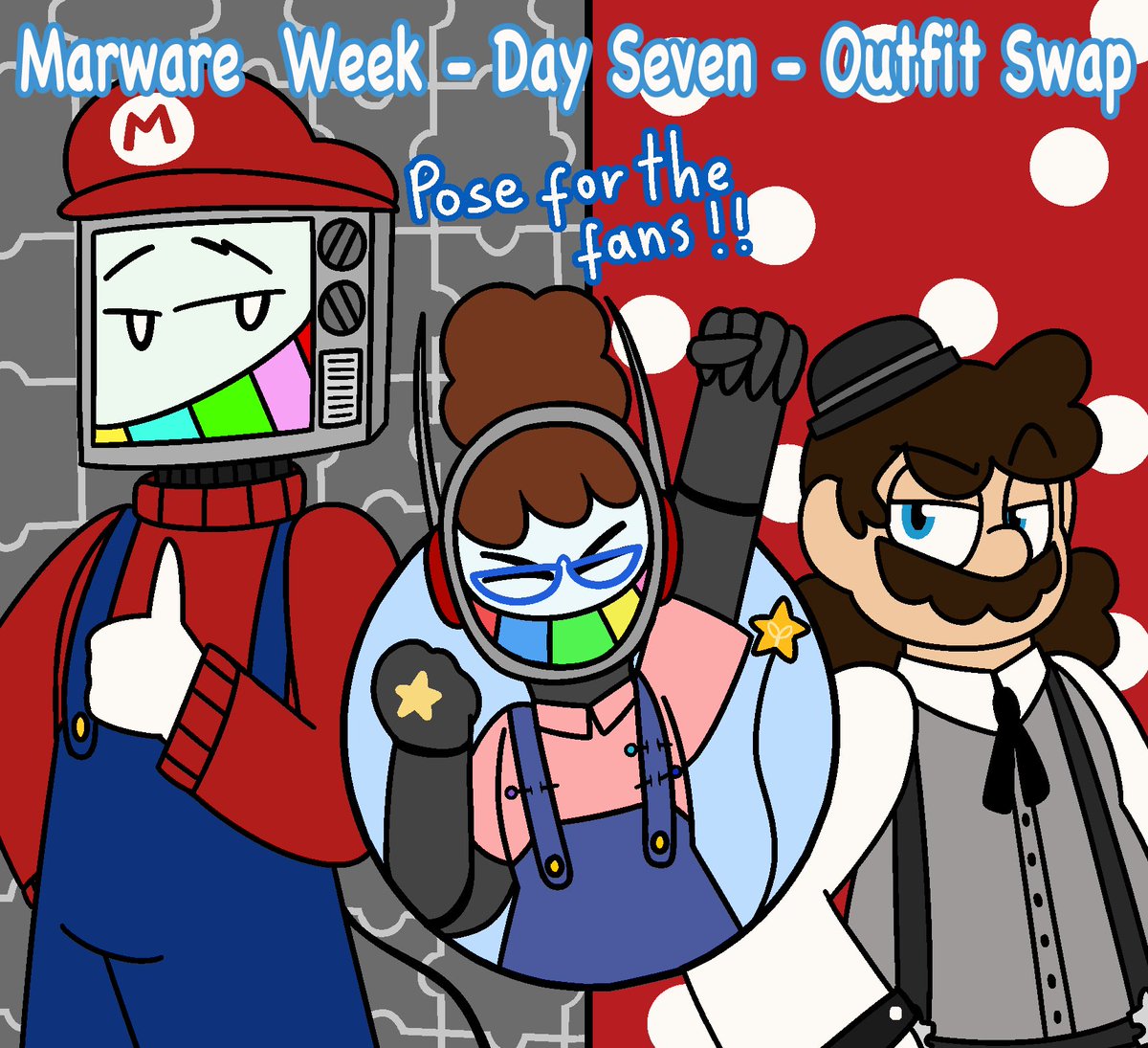 Lilac_Heart83's tweet photo. 🪡 MARWARE WEEK DAY SEVEN || OUTFIT SWAP 🪡

And we got outfit swap for this one with a guest! Meet Stella V. everyone, adoptive daughter of Puzzles and Mario :]

#smg4 #marware #marwareweek https://t.co/Sb1HYmFfwr