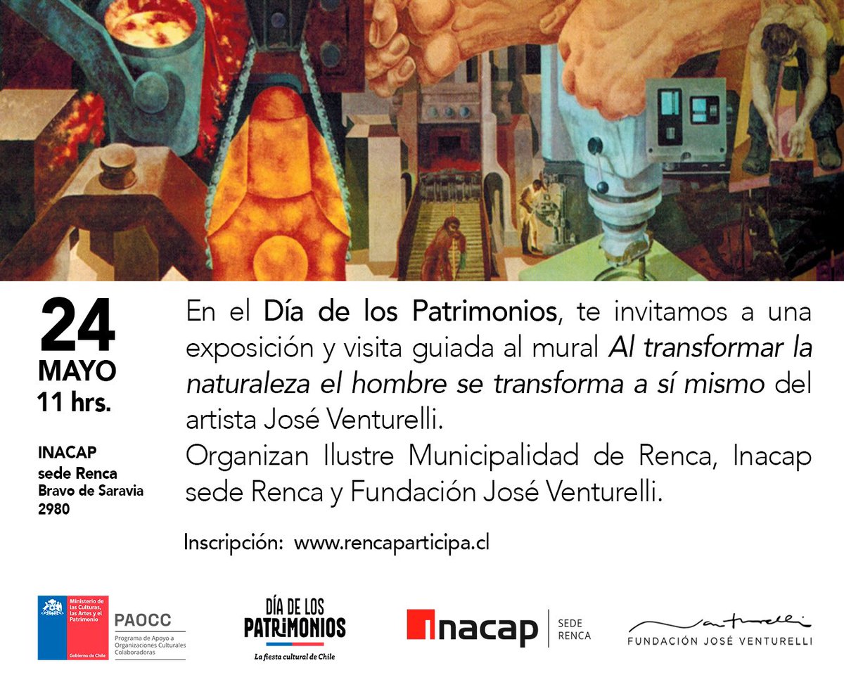 JosVenturelli's tweet photo. HOY a las 11 hrs. te invitamos a conocer una joya patrimonial, el mural de Venturelli ubicado en Inacap, sede de Renca. Te esperamos! https://t.co/G9KmF791db
