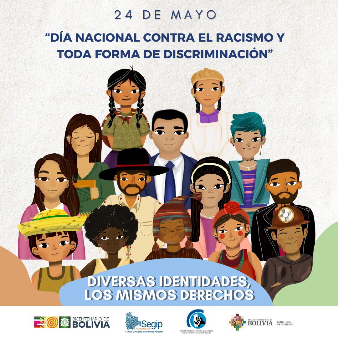 Este 24 de mayo, conmemoramos el Día Nacional contra el Racismo y toda forma de Discriminación reafirmando nuestro compromiso con una Bolivia más justa, inclusiva y respetuosa de la diversidad. ✊🏽🇧🇴

¡Decimos NO al racismo y a la discriminación en todas sus formas!