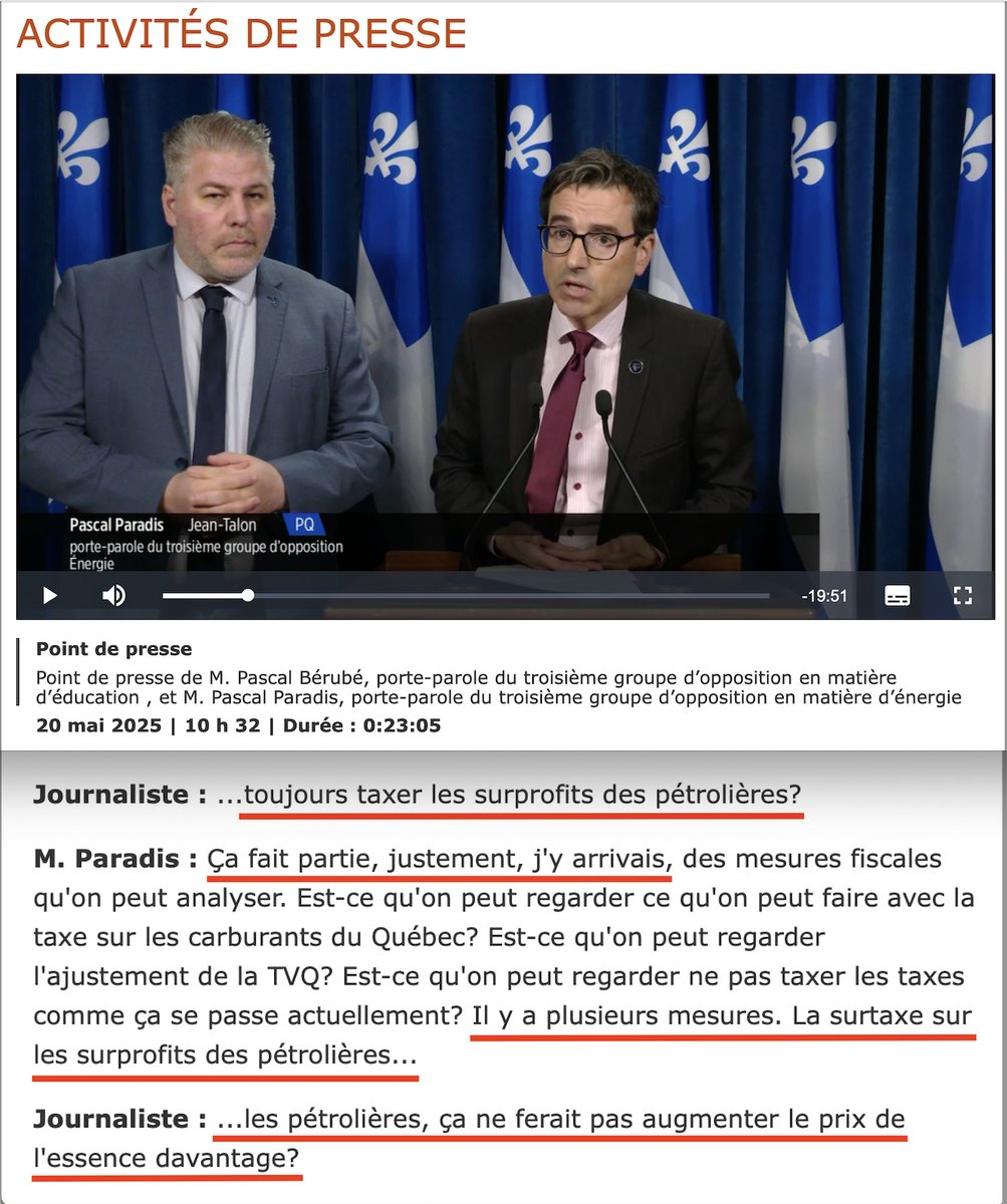 FortierSte75552's tweet image. Le PQ veut toujours ajouter "la taxe péquiste" sur l'essence. Mardi le 20 mai, lors d'une conférence de presse broche à foin, Pascal Paradis a dû confirmer que le PQ avait toujours dans sa mire l'ajout d'une taxe sur les surprofits des pétrolières, tel que souhaité par PSPP lors…
