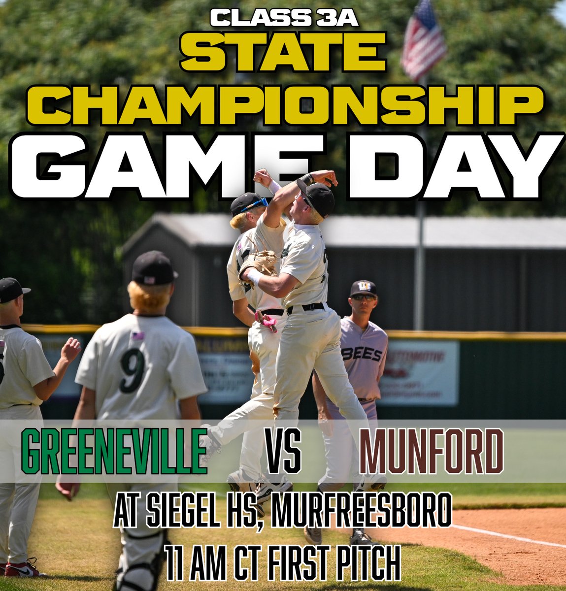 Tate Russell (@tate_russell) on Twitter photo IT'S STATE CHAMPIONSHIP GAME DAY!!!!!!
Greeneville Baseball will square off with Munford today with the Class 3A State Title on the line.
โฐ 11 am CT/ 12 pm ET
๐ Sigel HS
๐ป <a href="/MatthewPalazzo5/">Matthew Palazzo</a> on Jewel 95.5 FM at 10 AM
๐ฑ <a href="/Tyler__Nichols/">Tyler Nichols</a> and I will have updates on the Twitter IT'S STATE CHAMPIONSHIP GAME DAY!!!!!!
Greeneville Baseball will square off with Munford today with the Class 3A State Title on the line.
โฐ 11 am CT/ 12 pm ET
๐ Sigel HS
๐ป <a href="/MatthewPalazzo5/">Matthew Palazzo</a> on Jewel 95.5 FM at 10 AM
๐ฑ <a href="/Tyler__Nichols/">Tyler Nichols</a> and I will have updates on the Twitter