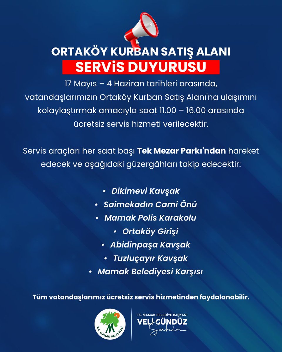 Ortaköy Kurban Satış Alanımız Açıldı! 

Ücretsiz Servis Duyuruları 📣 
17 Mayıs – 4 Haziran tarihleri arasında, Ortaköy Kurban Satış Alanımıza ulaşımı kolaylaştırmak için her gün 11.00 – 16.00 saatleri arasında ücretsiz servis hizmeti sunuyoruz.

🚐 Servislerimiz her saat başı