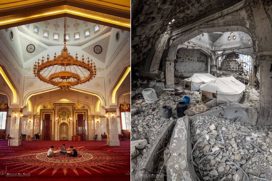 Look what the israelis did to a mosque in Gaza that was made into a shelter for displaced Palestinian families —just look! a house of God!