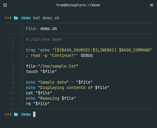 sysxplore's tweet image. Quick Bash Scripting Tip 🐧
You can use the DEBUG trap to step through a bash script line by line, giving you the chance to review each line before it executes, perfect for debugging!
Here's how it works:
The trap command with DEBUG triggers right before each line executes,…