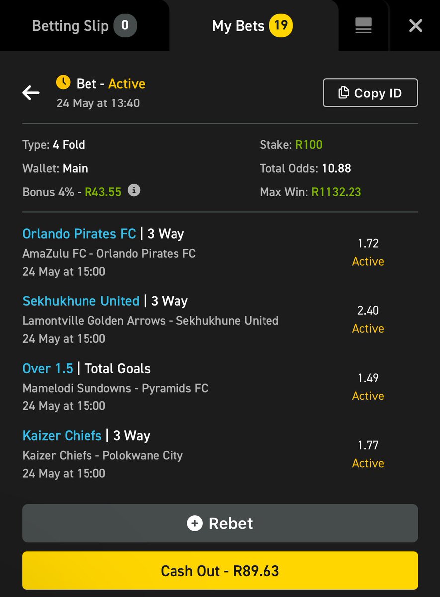 Fun bet⚽️

Ticket 2

Kick off: 15:00

Bet slip code: 03-238969

Copy my bet slip here: easybet.co.za/sports?bookedB…

Not yet on Easybet?👀

Sign up using my promo code:
👉🏽ERICA50  to get a R50 Sign up bonus + 25 bonus spins 

Join here  :ebpartners.click/o/i_ev0j?lpage…

18 + | T&amp;CS Apply