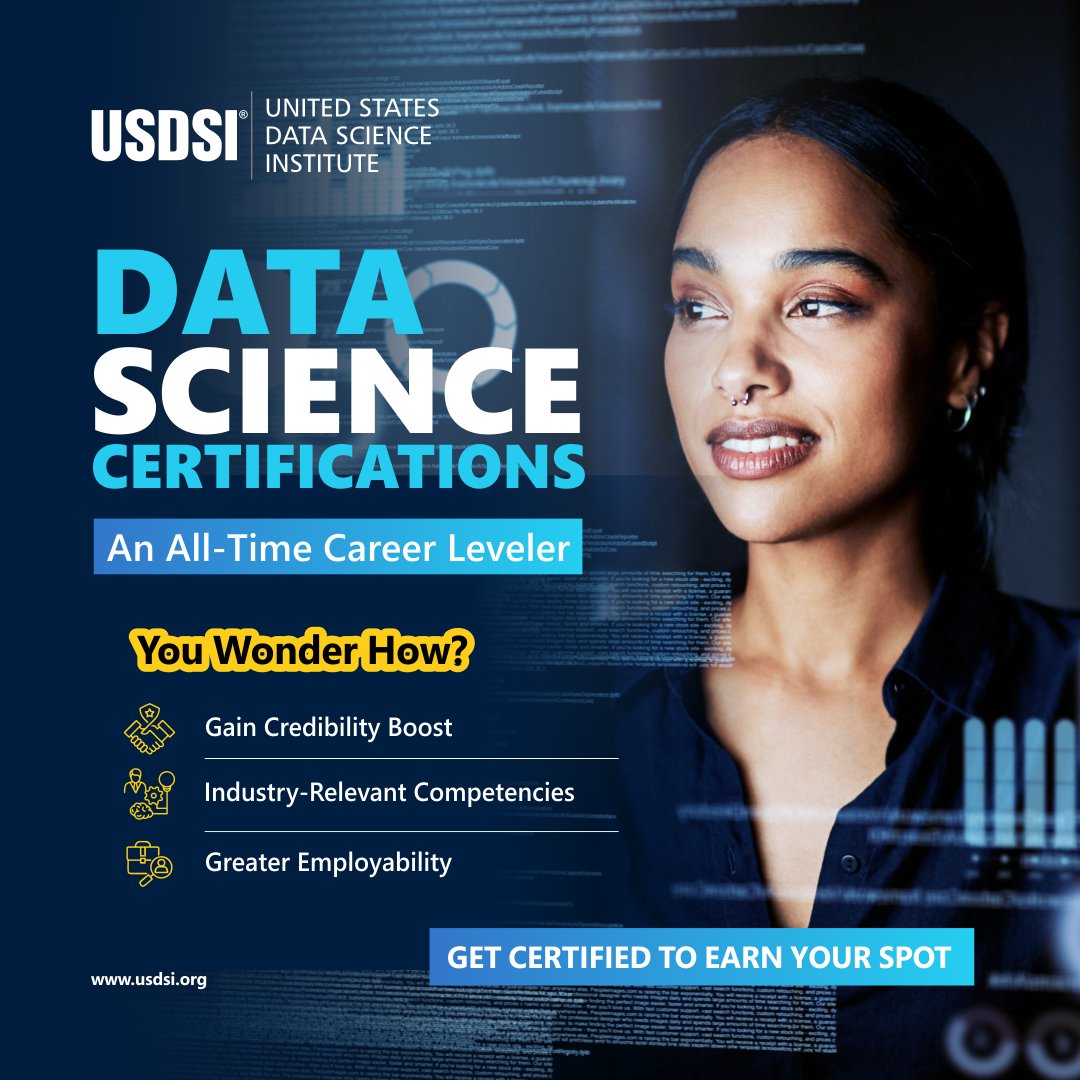 US_DSI's tweet image. A Data Science Certification is one of the smartest moves to boost your career and open new doors in data science.
Get More Details Here bit.ly/3FsbkTd
#DataScience #DataScienceCareer #DataScienceCertifications #DataScientistJob #AIDataScientist #TopDataScienceSkills