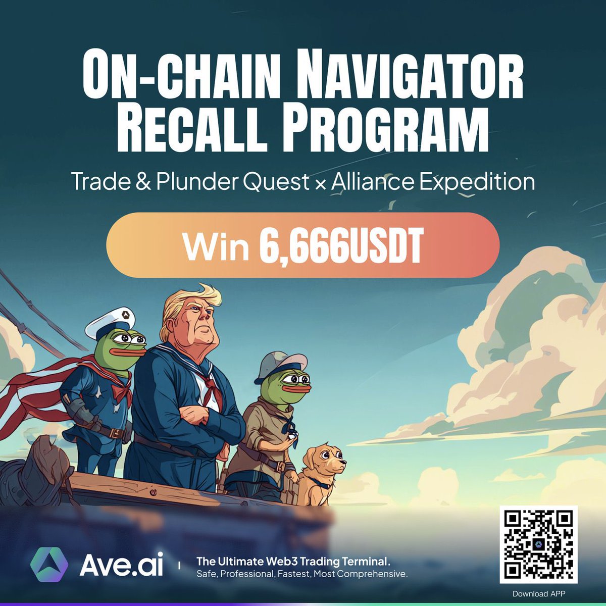 ForbsMetaX's tweet photo. GM Web 3! ☀️

Ave Pro iOS Airdrop: Win from 6,666 USDT
Event: May 23 – June 23, 2025 (UTC+8)  
📈 Use Signal Plaza to spot 100x meme coins! 

💰 Top 30 on the PnL leaderboard share the 6,666 USDT prize. More profits, bigger rewards!  

👬 Invite friends to trade for a 5% bonus boost.  
Join now, trade smart, and claim your airdrop