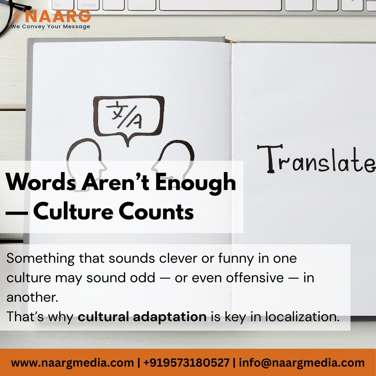 NaargMedia's tweet image. Words matter.
Culture matters more.
What works in one language can confuse — or offend — in another.
At Naarg, we adapt idioms, tone & context so your message feels local, not lost in translation.
Let’s make it global-ready.
#CulturalTips #LocalizationFails #NaargLocalization