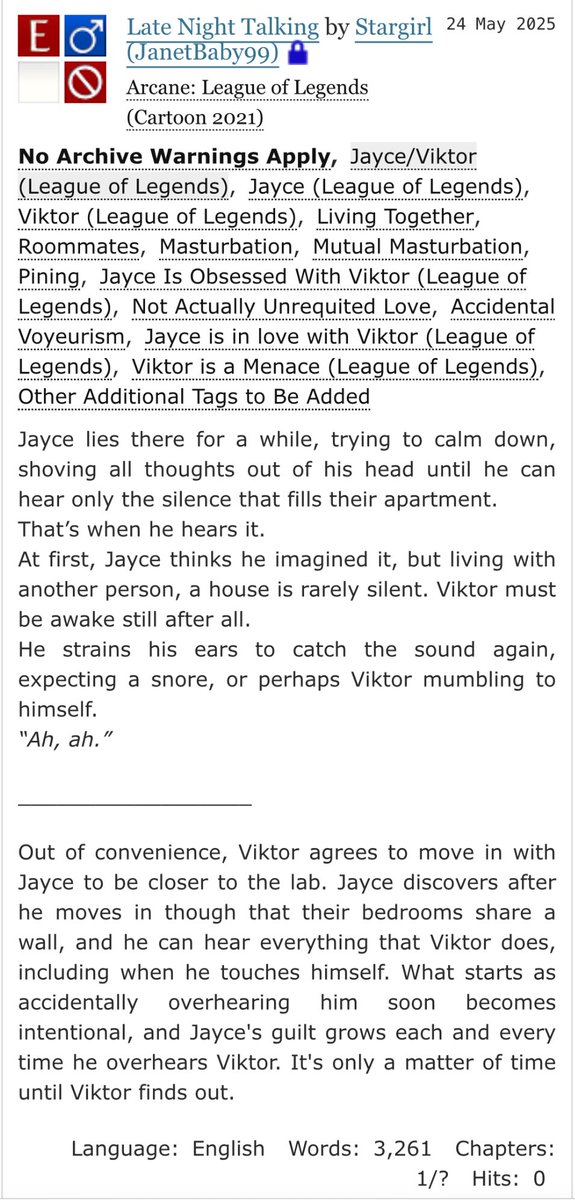 stargirlvivian's tweet photo. I posted the first chapter of my new Jayvik fic, Late Night Talking, if you wanna check it out! Jayce and Viktor are roommates and Jayce overhears Viktor jerking off. It drives him crazy

https://t.co/IjM69ki5h9 https://t.co/j7f1z35SbG