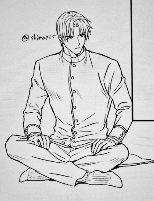 あぐらへし  ボタン途中までしか描いてなかったからあげ直した  続き頑張るぞ 
