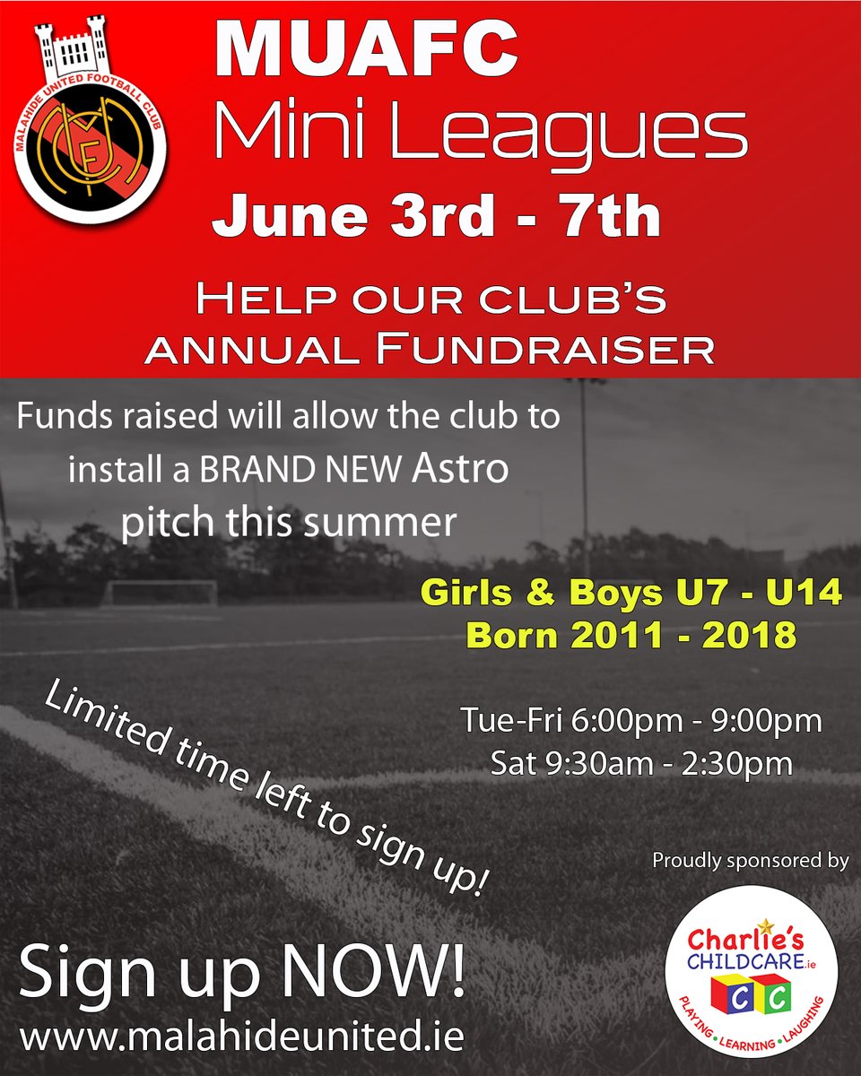 ⚽️ Mini Leagues 2025 ⚽️ 

🚨 Limited time left to sign up 🚨
 
Our annual fundraising event will go towards the renovation works on our old all weather pitch  

📍Gannon Park  
🗓️ June 3rd - 7th

Sign up now to avoid disappointment
malahideunited.ie/mini-leagues/
