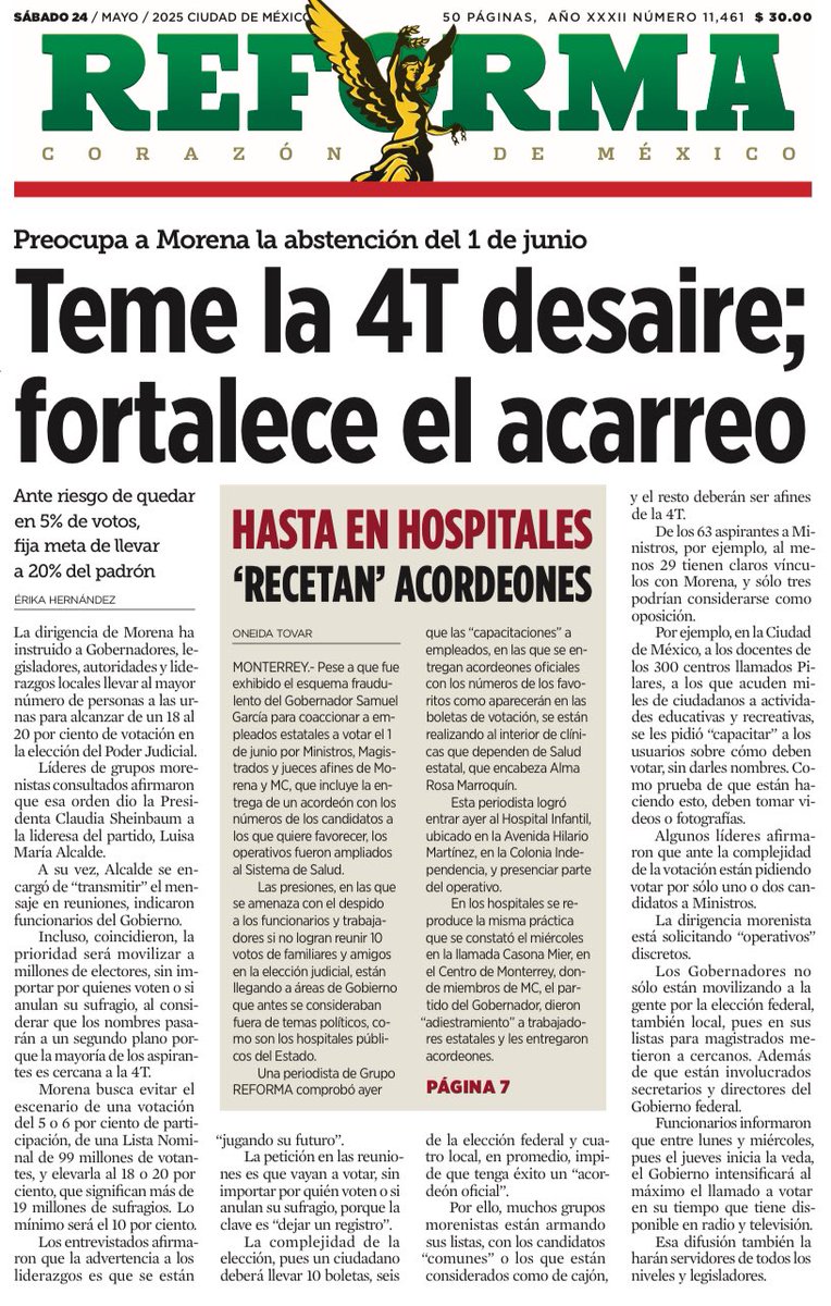 QPM Los morenos están desesperados porque temen gran abstención el 1 de junio. Ahora amenazan con el despido a los funcionarios y trabajadores si no logran reunir 10 votos de familiares y amigos en la elección judicial. 

Sus tentáculos han llegado hasta los hospitales públicos.