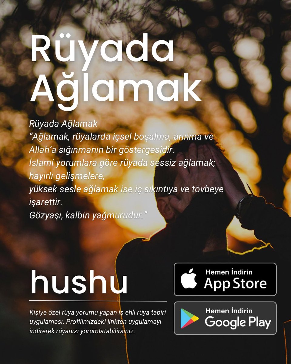 Rüyada Ağlamak
“Ağlamak, rüyalarda içsel boşalma, arınma ve Allah’a sığınmanın bir göstergesidir.
İslami yorumlara göre rüyada sessiz ağlamak; hayırlı gelişmelere,
yüksek sesle ağlamak ise iç sıkıntıya ve tövbeye işarettir.
Gözyaşı, kalbin yağmurudur.”