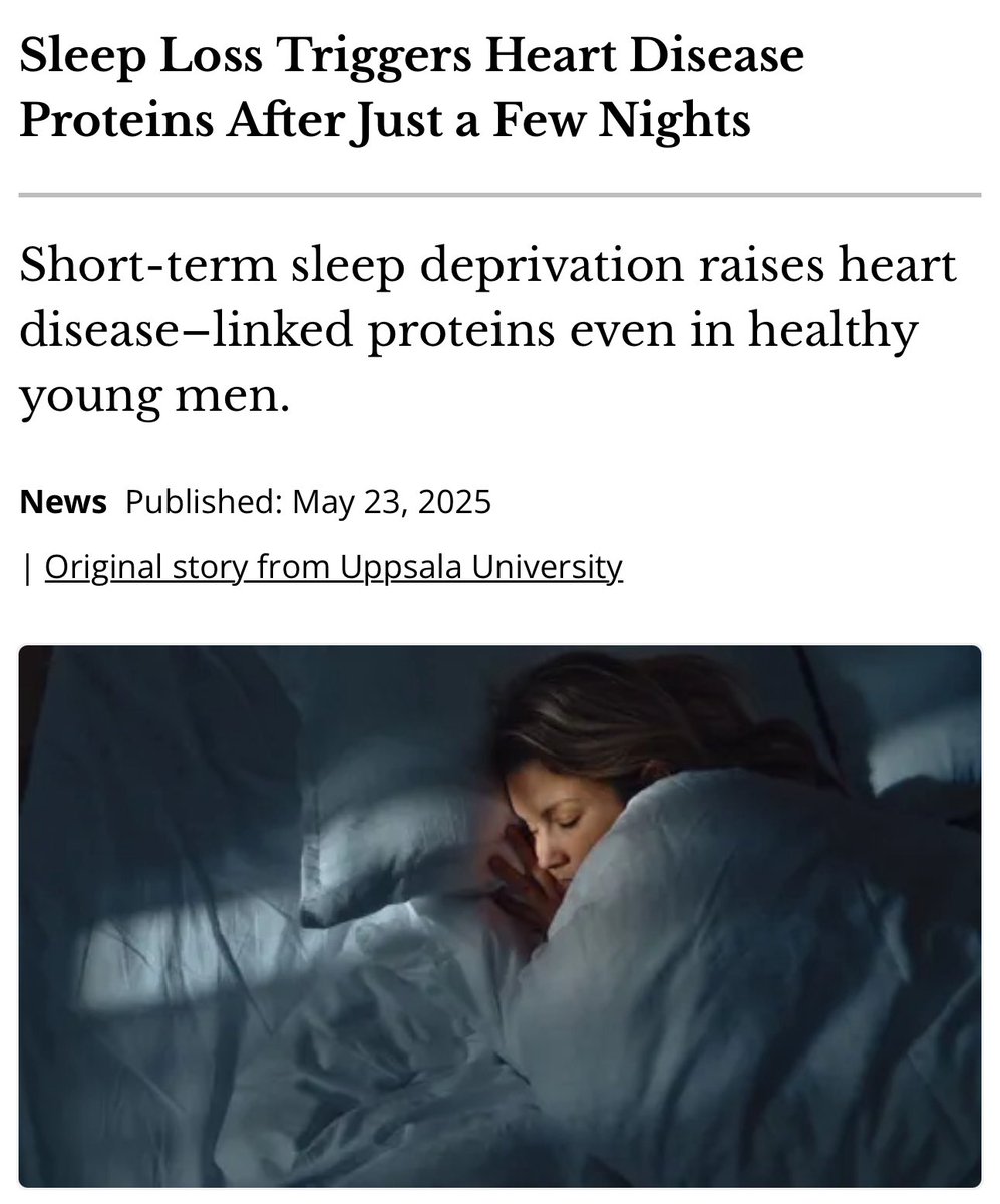 Short-term sleep deprivation raises heart disease–linked proteins even in healthy young men.

A new study from Uppsala University shows that even a few nights of insufficient sleep trigger molecular mechanisms associated with a higher risk of heart disease. 

The research