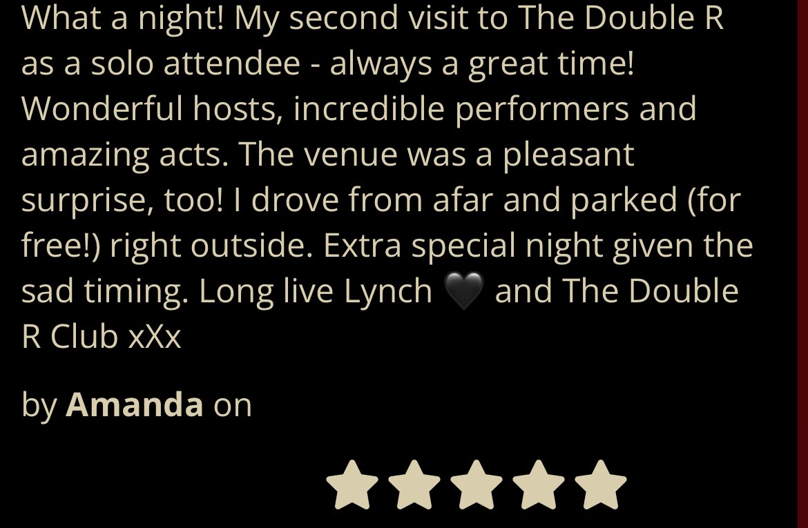 ✨ Check out some of YOUR reviews from previous nightmarish nights at The Double R Club! 

Join us on Thursday June 19th at Walthamstow Trades Hall for our 13th Miss Twin Peaks!

Don’t miss London’s original  Lynchian cabaret! 

the-double-r-club.designmynight.com

#DoubleRClub #twinpeaks