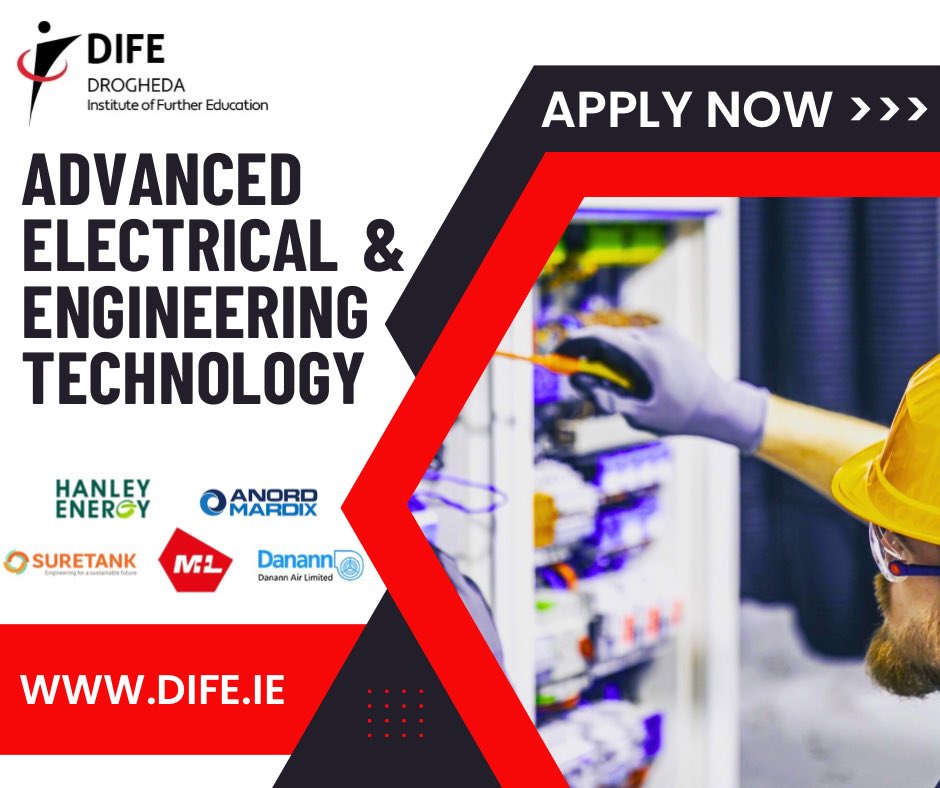 Drogheda Institute of Further Education (@difeedu) on Twitter photo DIFE’s new Electrical & Engineering Technology is an industry-led programme and includes hands-on training & a 7-week placement with top employers including <a href="/HanleyEnergy/">Hanley Energy</a> <a href="/AnordMardix/">Anord Mardix</a> <a href="/suretankgroup/">Suretank Group</a> Danann Air & M+L Manufacturing.
Applications Now Open: dife.ie/electrical/ DIFE’s new Electrical & Engineering Technology is an industry-led programme and includes hands-on training & a 7-week placement with top employers including <a href="/HanleyEnergy/">Hanley Energy</a> <a href="/AnordMardix/">Anord Mardix</a> <a href="/suretankgroup/">Suretank Group</a> Danann Air & M+L Manufacturing.
Applications Now Open: dife.ie/electrical/