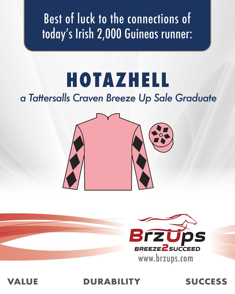Breeze Up Sales (@brzups) on Twitter photo Best of luck to connections of HOTAZHELL in today’s Irish 2000 Guineas 🍀
<a href="/Jessica_Racing/">Jessica Harrington</a> & Silverton Hill Partnership
The son of <a href="/DarleyStallions/">Darley</a> Too Darn Hot was a Brzup Grad’ from <a href="/Lackendarra_stb/">Eddie Linehan</a> <a href="/Tattersalls1766/">Tattersalls</a> Craven 🙌🏻 Best of luck to connections of HOTAZHELL in today’s Irish 2000 Guineas 🍀
<a href="/Jessica_Racing/">Jessica Harrington</a> & Silverton Hill Partnership
The son of <a href="/DarleyStallions/">Darley</a> Too Darn Hot was a Brzup Grad’ from <a href="/Lackendarra_stb/">Eddie Linehan</a> <a href="/Tattersalls1766/">Tattersalls</a> Craven 🙌🏻