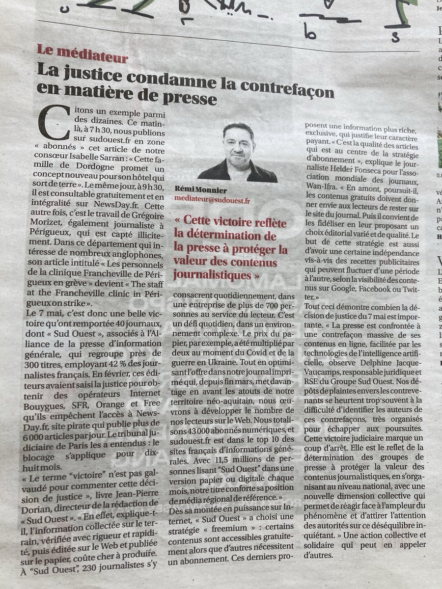 Allez, je me permets cette contrefaçon de ⁦<a href="/sudouest/">Sud Ouest</a>⁩ . Mais c’est pour la bonne cause. Un article a un coût…