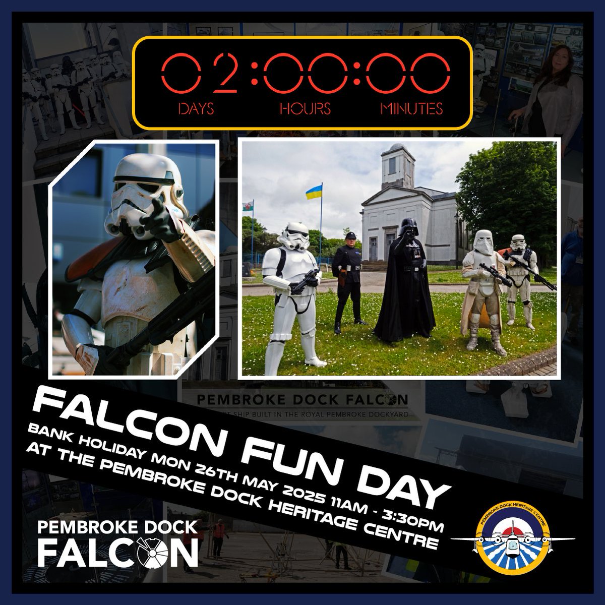 PDHeritageCent's tweet photo. Hold onto your light sabers - Monday's Falcon Fun Day! With Jedi training & live performances by the Saber Guild, and more, at Pembroke Dock Heritage Trust (SA72 6WS), 26 May 11am-3:30pm. Admission fees apply. https://t.co/WJ8j7nUV1T #starwars #millenniumfalcon #falconfunday https://t.co/Fs8g25r7gp