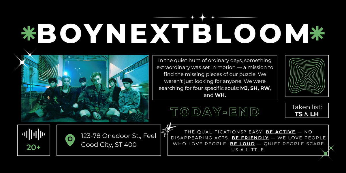 𝘀𝗽𝗿𝗲𝗮𝗱 𝘁𝗵𝗲 𝗻𝗲𝘄𝘀! BOYNEXTBLOOM is on the hunt for our missing members—could you be the one we’re looking for? take a peek at the poster for all the details! we’re also opening our doors for medpart and warmly welcoming SQ/OAs who’d love to be friends!