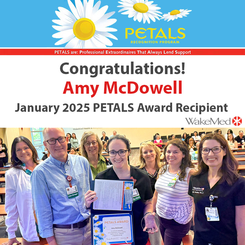 WakeMed's tweet image. Congratulations, Amy McDowell, Case Manager/Social Worker, for being recognized as the January 2025 PETALS Award Recipient!
❤️
“We are proud you are a member of the WakeMed team!"
.
.
#wakemed #petalsaward #patientcare #wakecounty