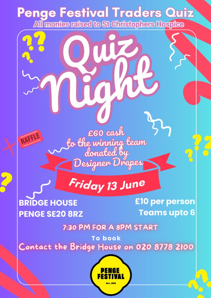 Maureen Kennedy-Brooks (@maur1975) on Twitter photo Don’t forget to book your tickets for the Penge Traders Quiz - fundraising for St Christopher’s Hospice ❤️<a href="/StChrisHospice/">St Christopher's</a> <a href="/thepengetourist/">Penge Tourist Board</a> <a href="/SE20Penge/">Penge SE20</a> <a href="/BridgehouseSE20/">The Bridge House Pub SE20</a> <a href="/cpp_friends/">Friends of Crystal Palace Park</a> <a href="/Beckenham/">BeckenhamTown 🇪🇺</a> Don’t forget to book your tickets for the Penge Traders Quiz - fundraising for St Christopher’s Hospice ❤️<a href="/StChrisHospice/">St Christopher's</a> <a href="/thepengetourist/">Penge Tourist Board</a> <a href="/SE20Penge/">Penge SE20</a> <a href="/BridgehouseSE20/">The Bridge House Pub SE20</a> <a href="/cpp_friends/">Friends of Crystal Palace Park</a> <a href="/Beckenham/">BeckenhamTown 🇪🇺</a>