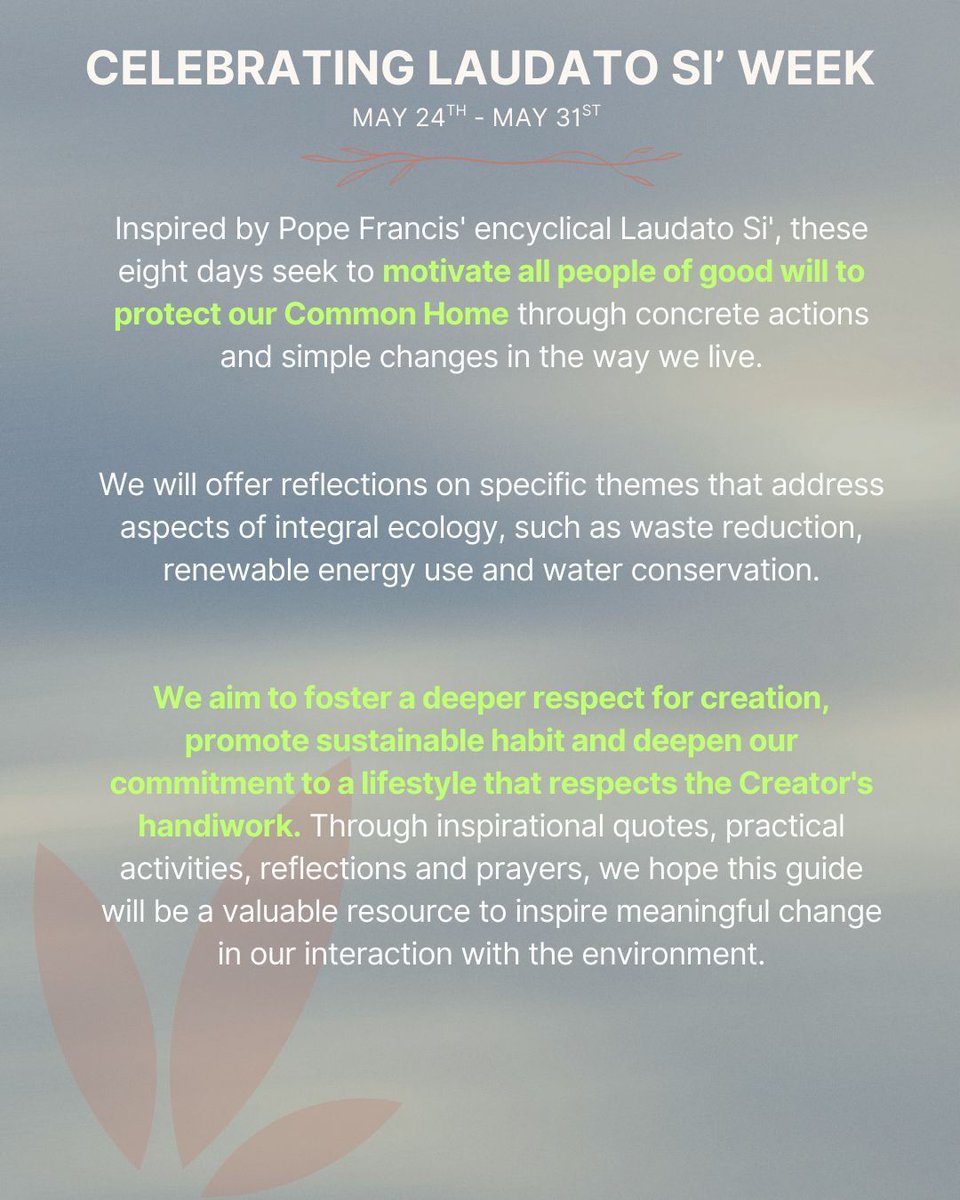 The Sisters of St. Joseph of Peace celebrate #LaudatoSiWeek &amp; the 10th anniversary of the release of Pope Francis' encyclical #LaudatoSi. Over the next eight days, we will be posting ways to engage with #nature and creation through prayer, reflection, action. 

#laudatosimovement