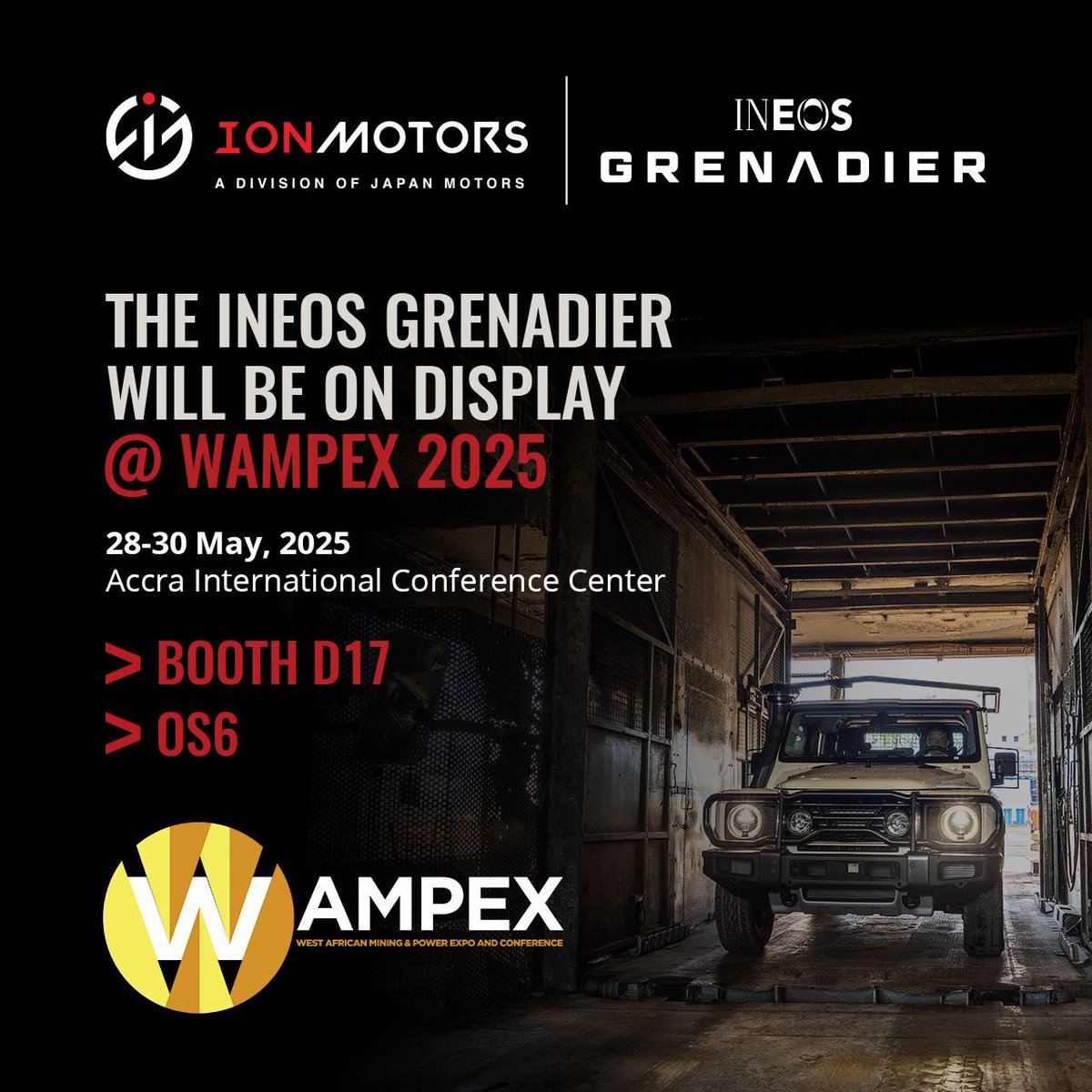 Come experience the INEOS GRENADIER‼️

Venue: AICC | 28th - 30th May

British Design - German Engineering - Built for Africa
 
#BreakingBarriers
#BuiltOnPurpose
#INEOSGrenadier
#IonMotors
#JapanMotors
