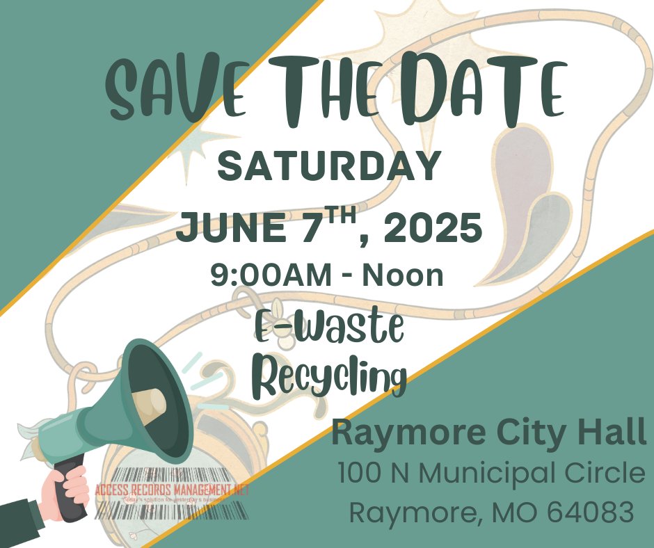 AccessRecordsS's tweet image. Go to The City of Raymore Website or Social Media Accounts for more information and gather any broken or old electronics to recycle. #RaymoreRecycles #RecycleKC #RecycleEvent #PaperShredding #RecordsStorage