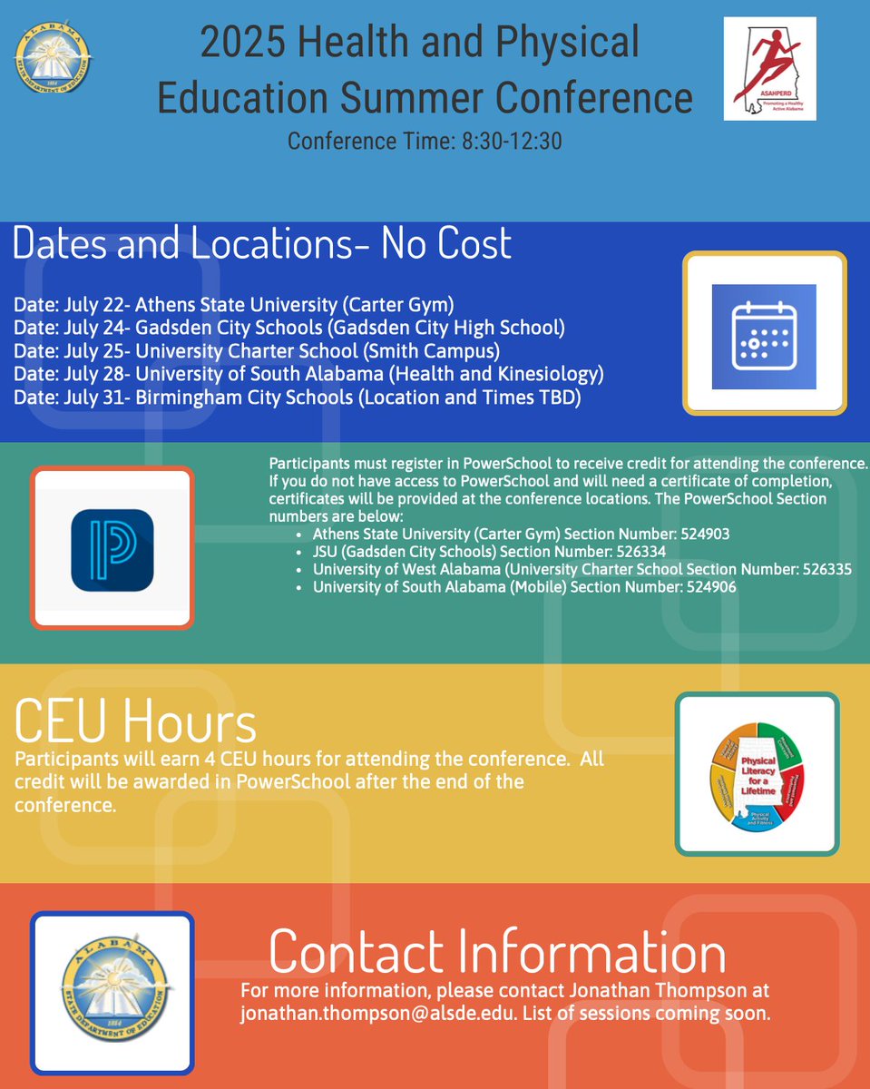 Make plans to attend the 2025 Health and Physical Education Summer Conference.

5 opportunities, with locations all across the state.
Free!!