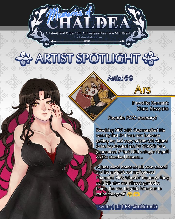 {••ARTIST SPOTLIGHT••}

Today's event servant rate up is... Sessyoin Kiara, drawn by none other than <a href="/tokkimeki/">Ars 🌟</a>!

Let's see what they have so say about FGO as a whole!

Who do you think are the next servants in the roster?

#MemoriesOfChaldea #FGO #FPH