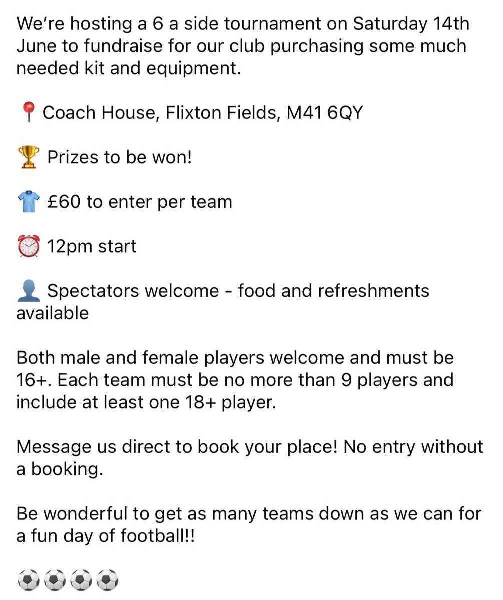 ⚽️ 6 A SIDE TOURNAMENT ⚽️

Saturday 14th June