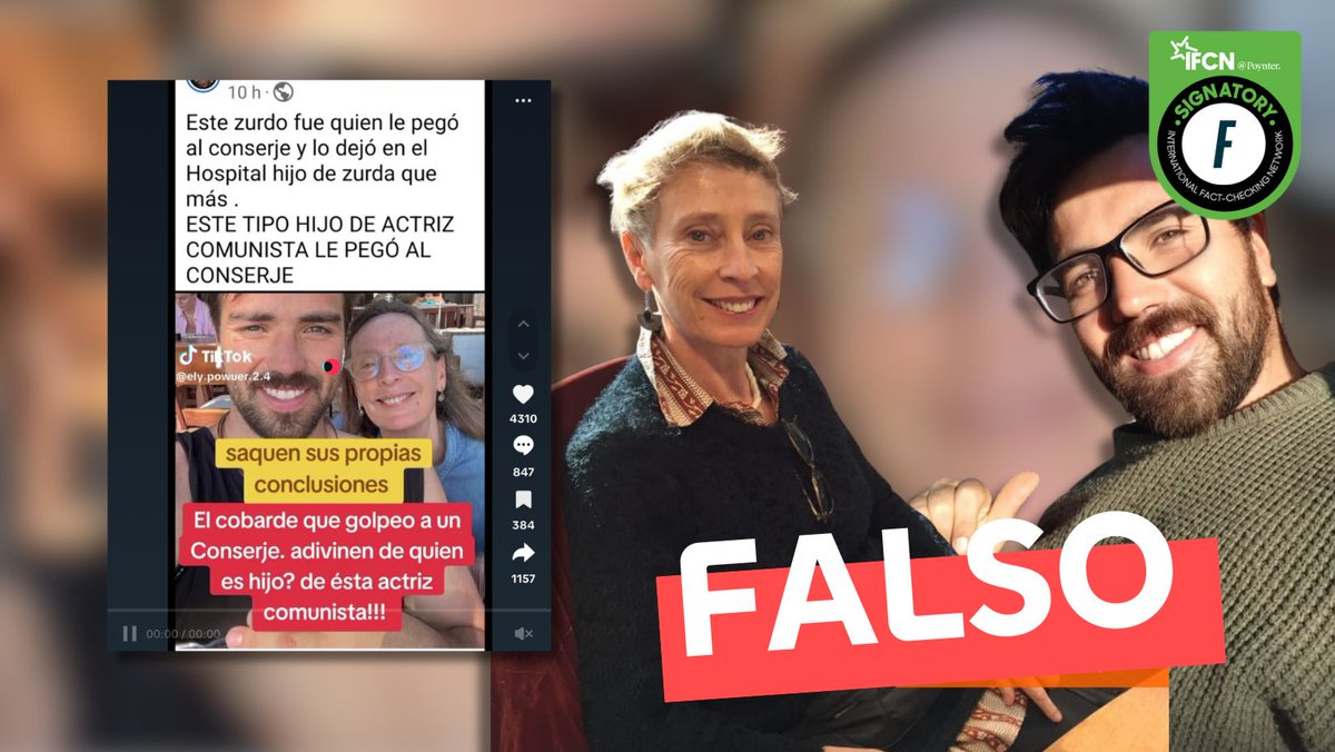🔎 #FactChecking | Tras la agresión a un conserje en Vitacura, se viralizó en redes sociales que el autor del hecho sería hijo de la “actriz comunista” María Izquierdo.

Fast Check CL verificó que la información es ❌ #Falsa: no existe relación familiar entre ambos, y la propia