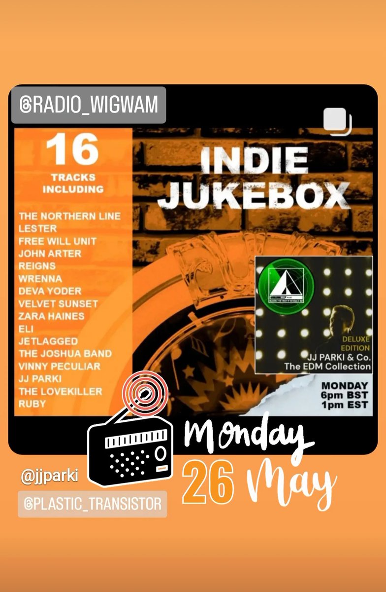 🏴󠁧󠁢󠁷󠁬󠁳󠁿🇬🇧THANK YOU / DIOLCH <a href="/Radio_WIGWAM/">Radio-WIGWAM</a> for your support of my collab 'The Dawn' 🌅taken from the album 'The EDM Collection' by #JJPARKIandCo.  💿The Deluxe Edition is out next month.
📻#radiowigwam #indiejukebox #26May #JJPARKI #PlasticTransistor #TheDawn #TheEDMCollection #diolch