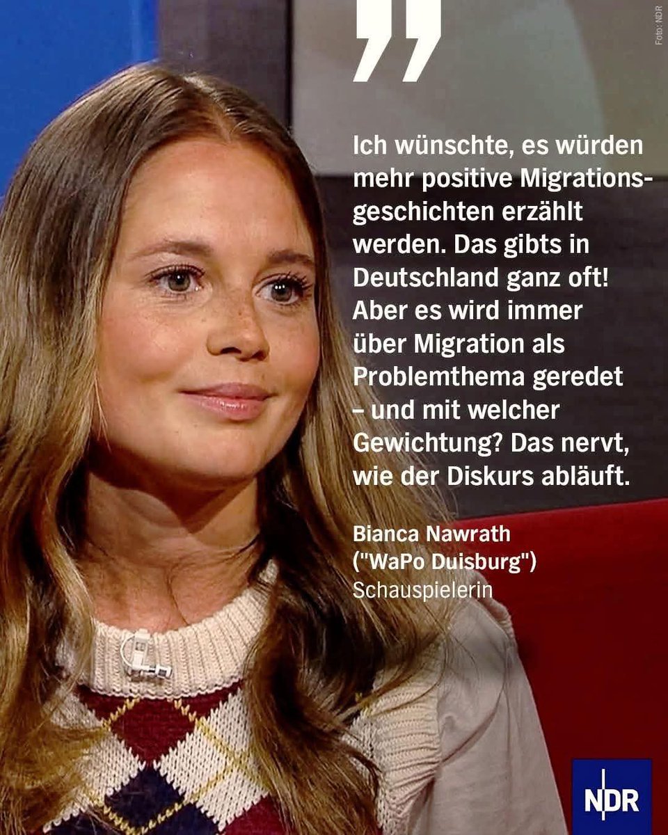 Da sitzt die Schauspielerin also auf dem roten Sofa u wünscht sich "positive Migrationsgeschichten", während inzw tägl radikale Messermörder durch unsere Städte und Schulen rennen 🤦‍♂️ Bianca lebt offenbar auf einem Ponyhof in Bullerbü 🤷