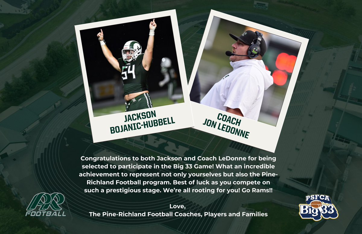 PRRams TDClub (@prramstdclub) on Twitter photo Congrats to <a href="/Jackson_BH3/">Jackson Bojanic-Hubbell</a> and <a href="/Coach_LeDonne/">Dr Jon LeDonne</a> who will be representing Pine-Richland football in the prestigious Big 33 game! What a great achievement to have been selected to participate in this annual event! Have fun! Go RAMS 🏈💚 Congrats to <a href="/Jackson_BH3/">Jackson Bojanic-Hubbell</a> and <a href="/Coach_LeDonne/">Dr Jon LeDonne</a> who will be representing Pine-Richland football in the prestigious Big 33 game! What a great achievement to have been selected to participate in this annual event! Have fun! Go RAMS 🏈💚