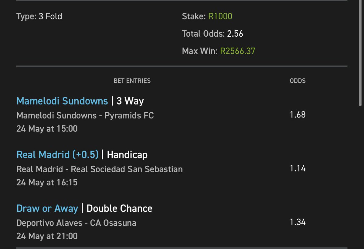 HOPE (@hopethesniper) on Twitter photo EASYBET🔥MAIN TICKET FOR THIS WEEKEND✅
⚡️2.56 ODDS
🧾 BETCODE : 03-239024
⏳ KICK-OFF @ 15:00
🔗BETSLIP LINK : easybet.co.za/sports?bookedB…
🪂Not yet on <a href="/Easybet_SA/">Easybet South Africa</a>? Kindly use the promo link & promo code below to join & GET a R50 sign up bonus 💛
🍯Promo Code : HOPE50
🔗LINK : EASYBET🔥MAIN TICKET FOR THIS WEEKEND✅
⚡️2.56 ODDS
🧾 BETCODE : 03-239024
⏳ KICK-OFF @ 15:00
🔗BETSLIP LINK : easybet.co.za/sports?bookedB…
🪂Not yet on <a href="/Easybet_SA/">Easybet South Africa</a>? Kindly use the promo link & promo code below to join & GET a R50 sign up bonus 💛
🍯Promo Code : HOPE50
🔗LINK :