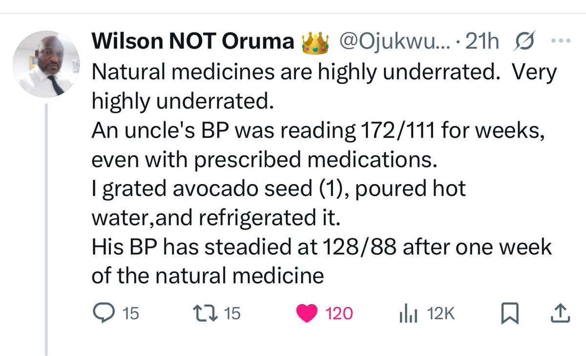 HerbalistChief's tweet photo. Blood pressure moved from 172/111 to 128/88 after using avocado seeds. 

Nature heals. https://t.co/JXLyMULZuq