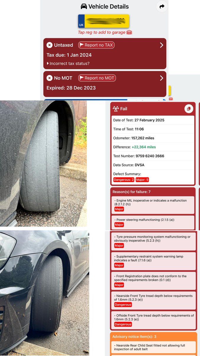 OPUWorcs's tweet image. OT75- captured this VW Golf A441 at #Redditch. The reflection off the tyres caught my eye. No MOT since 2023, failed Feb 25 and has since done 6000mls!! No excise licence since Jan 24 - prohibited and seized for @DVLAgovuk. (3551)