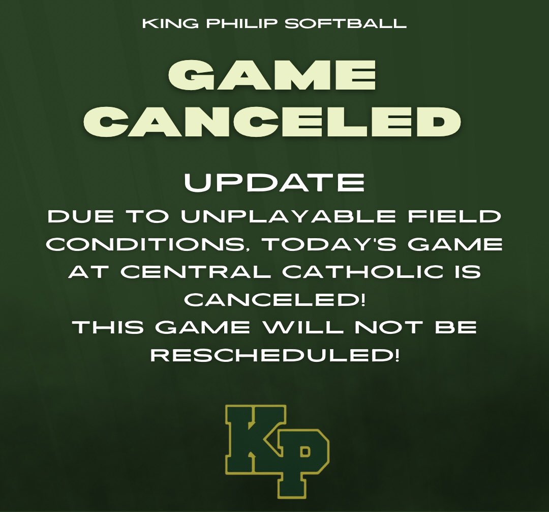 Coach Kate (@kphssoftball) on Twitter photo UPDATE
Due to unplayable field conditions, today’s game at Central Catholic is canceled!
This game will not be rescheduled!
<a href="/HockomockSports/">HockomockSports</a> UPDATE
Due to unplayable field conditions, today’s game at Central Catholic is canceled!
This game will not be rescheduled!
<a href="/HockomockSports/">HockomockSports</a>