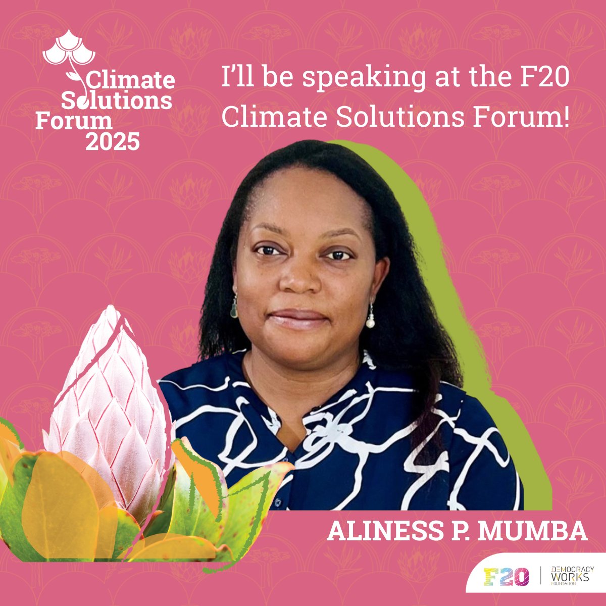 📣 Great news! Our Regional Climate Justice Lead, Aliness P. Mumba, will be speaking at the F20 Climate Solutions Forum in Cape Town on May 27, 2025.

Join us in person or online!
Register here: lnkd.in/eTX26y64

#F20CSF2025