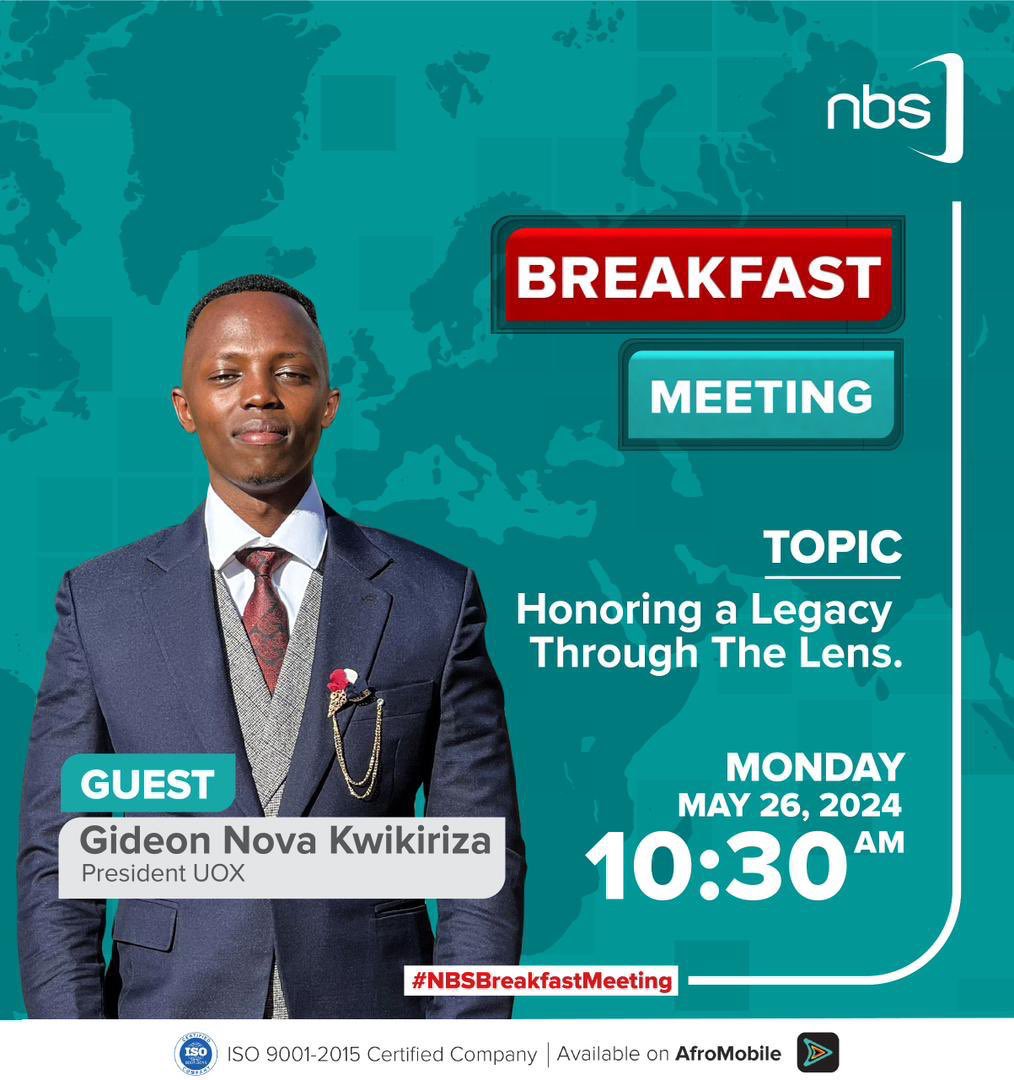 Erich Mboowa (@erich_mboowa) on Twitter photo UOX President <a href="/KwikirizaNova/">Gideon Nova Kwikiriza</a> will be on <a href="/nbstv/">NBS Television</a> Breakfast Meeting on Monday May 26, 2025 to share more about the forthcoming Photo Exhibition organized to honor the legacy of the Late Saad Shots.
Don't miss! UOX President <a href="/KwikirizaNova/">Gideon Nova Kwikiriza</a> will be on <a href="/nbstv/">NBS Television</a> Breakfast Meeting on Monday May 26, 2025 to share more about the forthcoming Photo Exhibition organized to honor the legacy of the Late Saad Shots.
Don't miss!