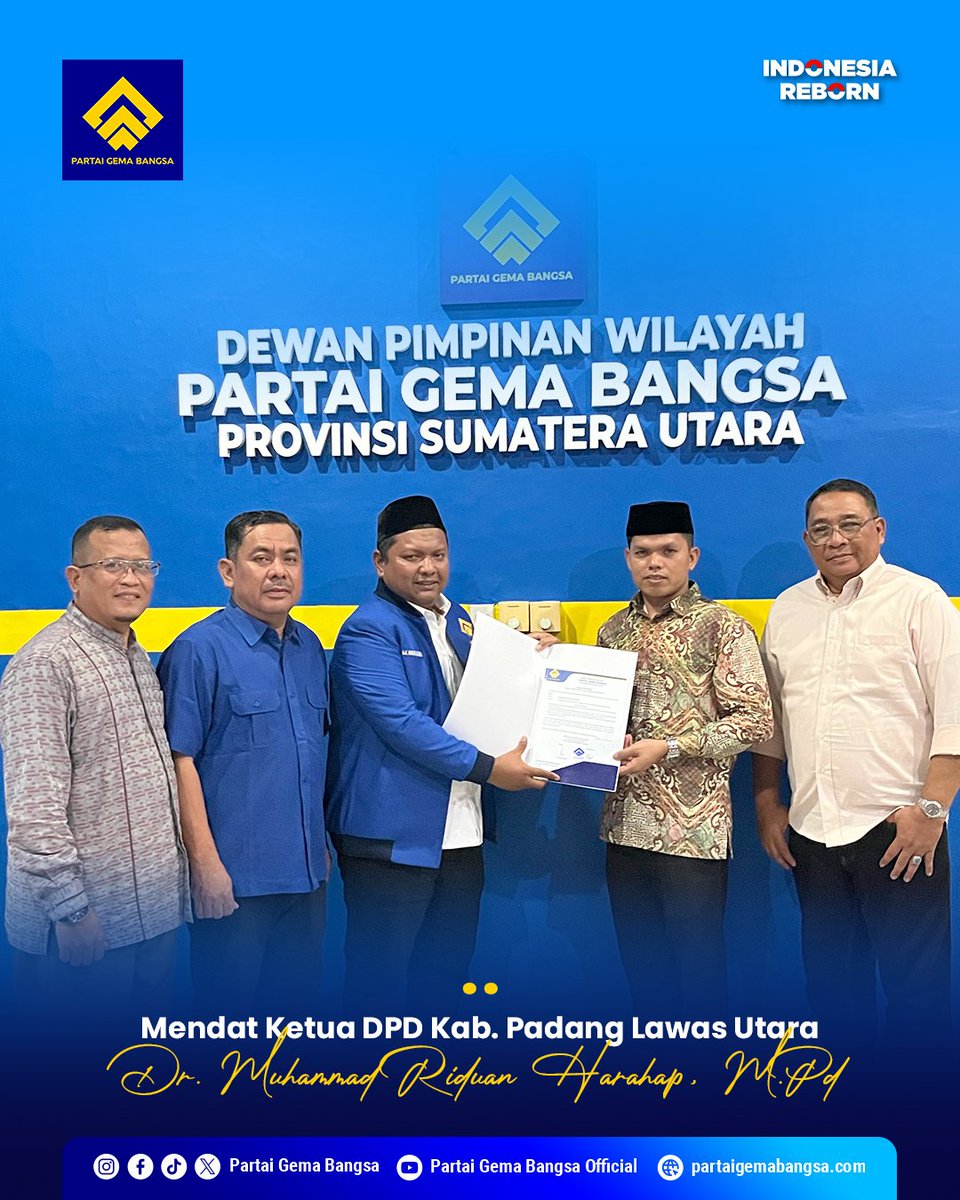 DPW Partai Gema Bangsa Sumatera Utara menyerahkan mandat Ketua DPD Kota Tanjung Balai (Ir. Rusnaldi Darma) dan DPD Padang Lawas Utara (Dr. Muhammad Riduan Harahap, M.Pd). Mandat diserahkan oleh Sekretaris DPW, M. Ridho Lubis dikantor DPW (24/05/2025).

#sumaterautara #sumut