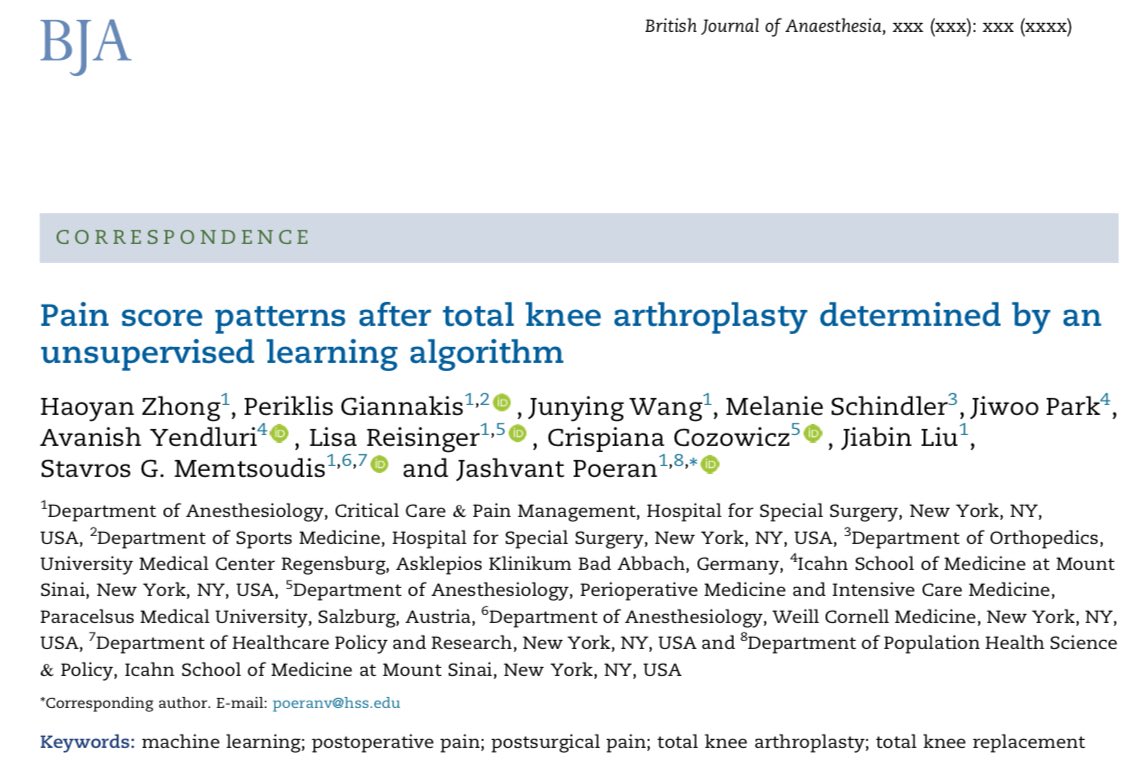 Jashvant Poeran (@jashvant_p) on Twitter photo Our paper online today <a href="/BJAJournals/">British Journal of Anaesthesia</a> >>> Leveraging ML to identify distinct pain score patterns 30 days after total knee arthroplasty. Good to see data reflecting clinicians’ experience!🔗 shorturl.at/fyEjn <a href="/HSSAnesthesia/">HSS Anesthesiology</a> <a href="/HSpecialSurgery/">Hospital for Special Surgery (HSS)</a> Our paper online today <a href="/BJAJournals/">British Journal of Anaesthesia</a> >>> Leveraging ML to identify distinct pain score patterns 30 days after total knee arthroplasty. Good to see data reflecting clinicians’ experience!🔗 shorturl.at/fyEjn <a href="/HSSAnesthesia/">HSS Anesthesiology</a> <a href="/HSpecialSurgery/">Hospital for Special Surgery (HSS)</a>