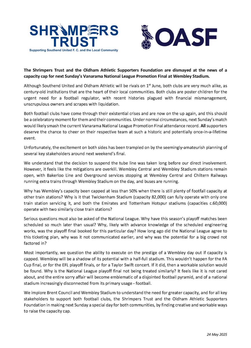 Statement on behalf of the Oldham Athletic and Southend United Shrimpers Trusts.