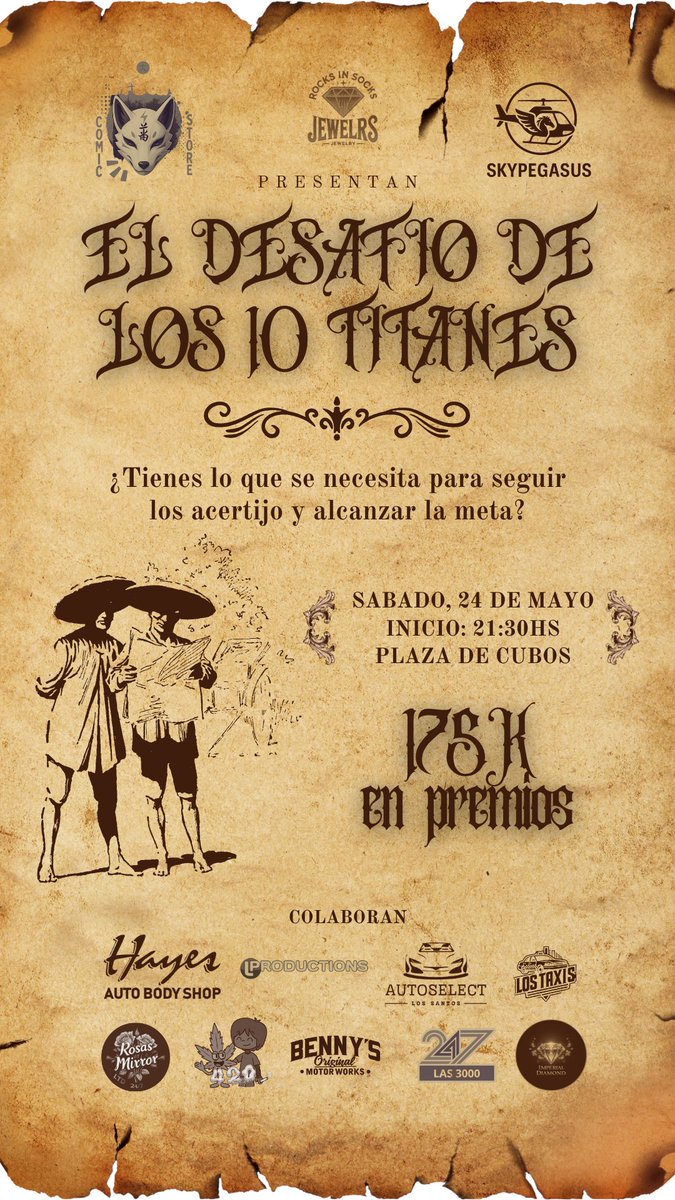 🏁 ¡EL DESAFÍO DE LOS DIEZ TITANES! 🏁
📅 Hoy 24 mayo, 21:30h | 📍 Plaza de Cubos
🎯 10 desafíos, premios épicos, y adrenalina pura
🥇 $100K + 2 coches | 🥈 $50K | 🥉 $25K
🎟️ Inscripción: $1000 (solo o dúo)

¡Te esperamos! 👇
bit.ly/FormularioFami…