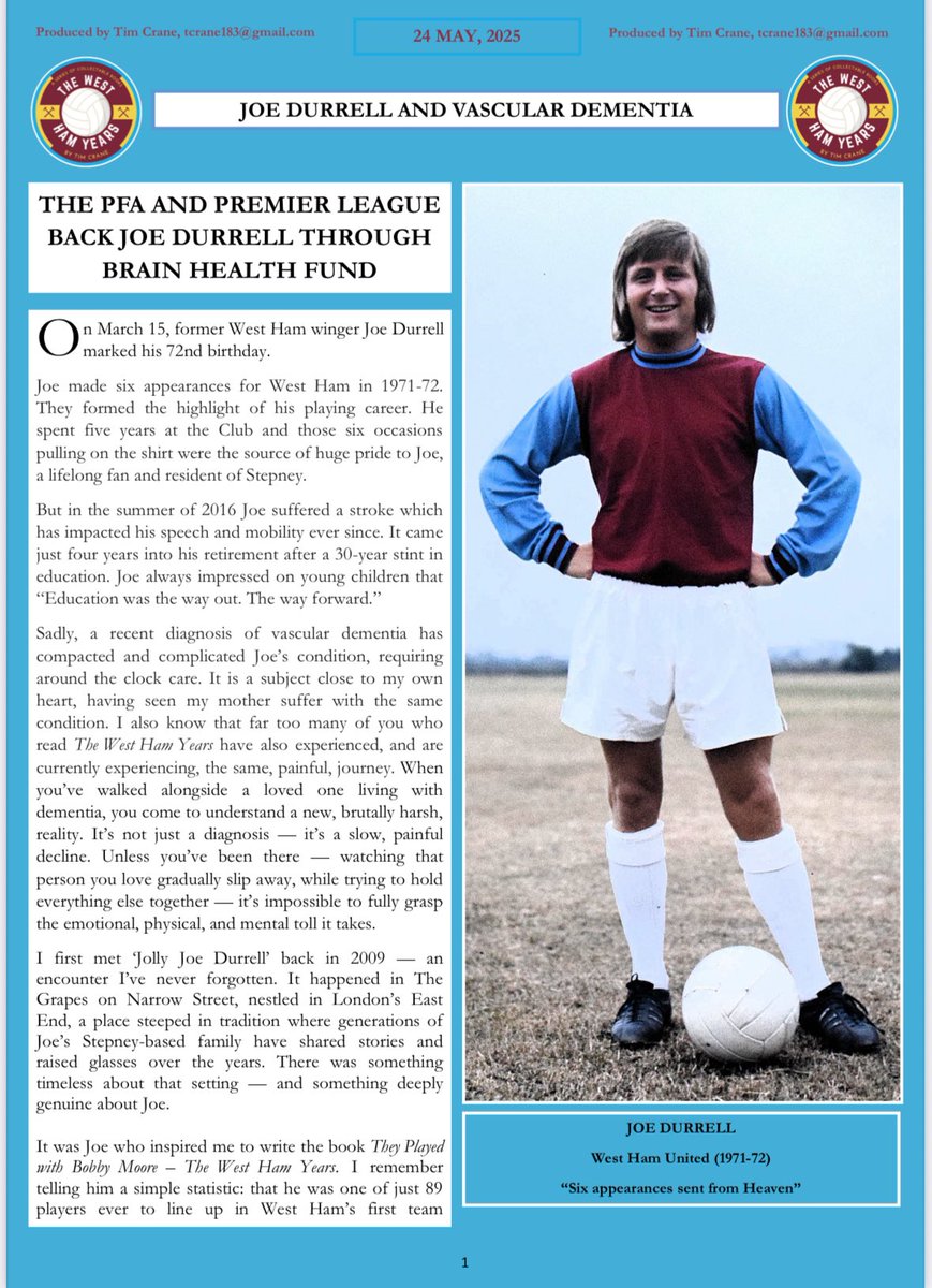 Latest issue of The West Ham Years. It covers a very important subject and shares the experience of West Ham favourite, Joe Durrell. Please share it to help raise awareness. Together we might positively affect the lives of others. Email me for full edition: tcrane183@gmail.com