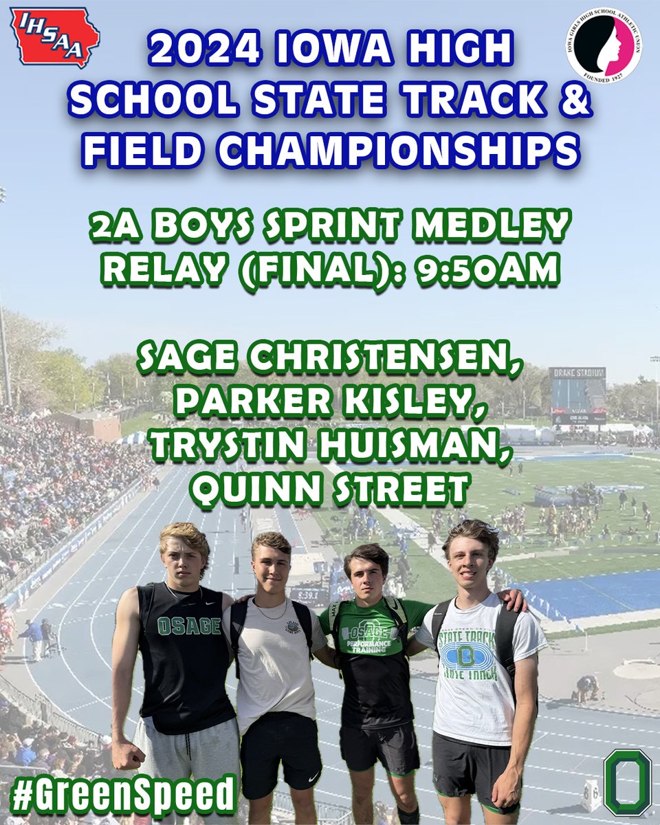 Coach Hoppel (@osageboystrack) on Twitter photo MEET DAY‼️
Day 3: State Track and Field Championships
🏟️: Des Moines, IA
⏰: 9:50am: Sprint Medley Relay (Final)
<a href="/OsageAthletics/">Osage Athletics</a> <a href="/MrsSchwamman/">Barb Schwamman</a>
Live results can be found here: results.wayzatatiming.com/meets/53818
#GreenSpeed MEET DAY‼️
Day 3: State Track and Field Championships
🏟️: Des Moines, IA
⏰: 9:50am: Sprint Medley Relay (Final)
<a href="/OsageAthletics/">Osage Athletics</a> <a href="/MrsSchwamman/">Barb Schwamman</a>
Live results can be found here: results.wayzatatiming.com/meets/53818
#GreenSpeed